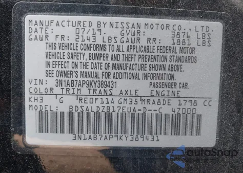 2019 Nissan Sentra Sv from USA, damaged, VIN 3N1AB7AP9KY389431